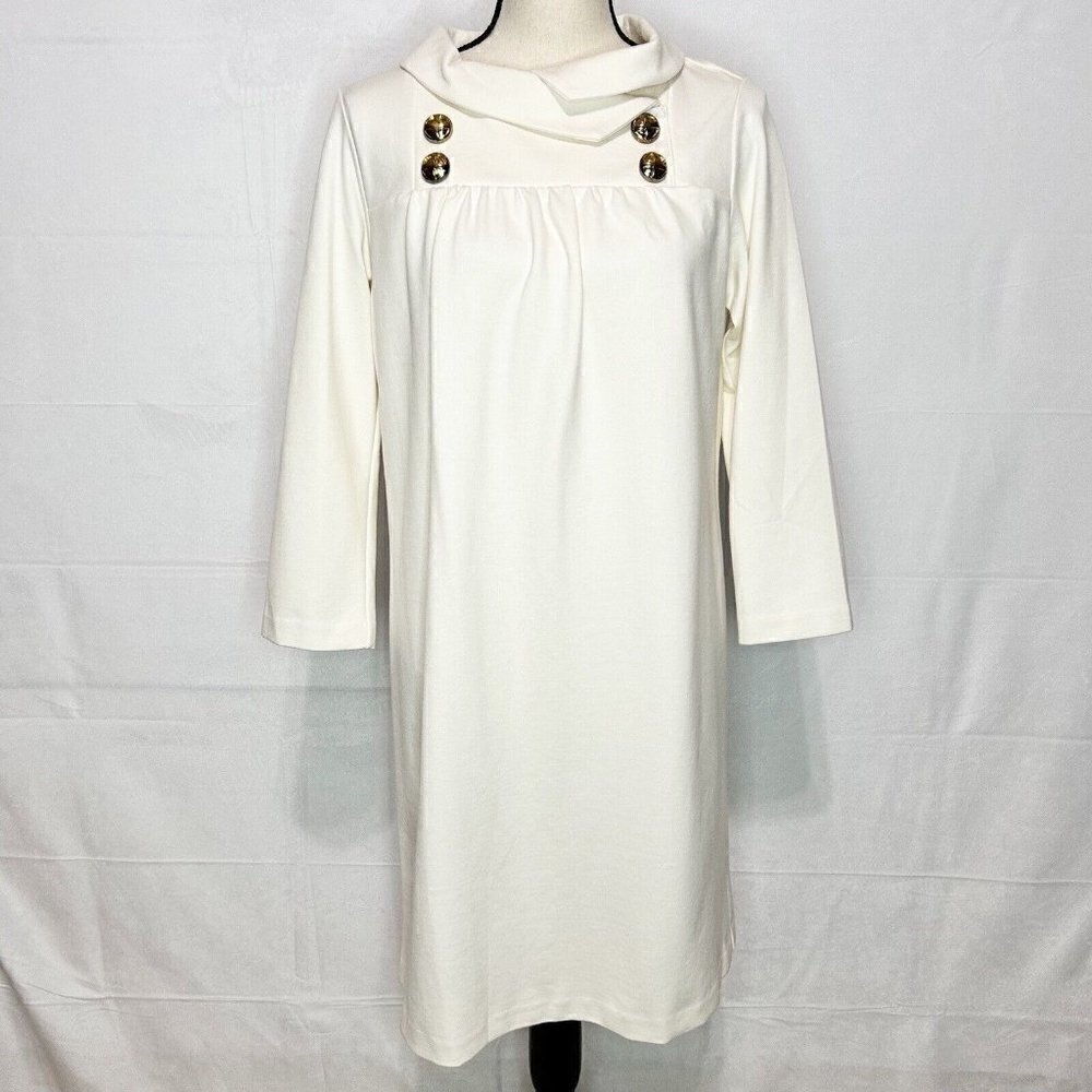 Amanda Uprichard Sheath Dress Cream Size L Gold Buttons Rayon/Lycra Stretch